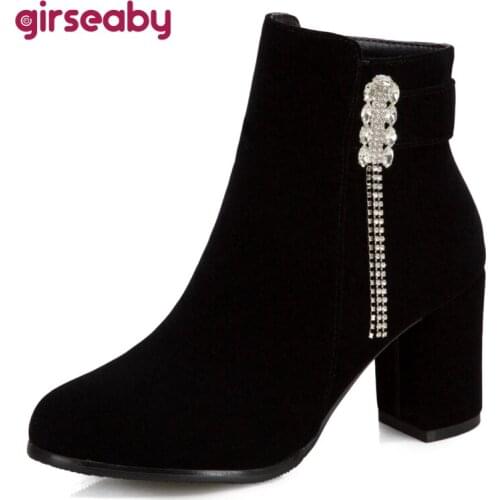 Girseaby New arrival Womens ankle boots High Square heels Flock Buckle Zipper Rhinestone Glitter Fashion Casual Female S2396