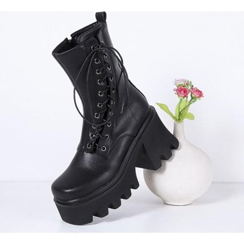Chunky High Heels Womens Boots Pu Thick Platform Boots Cross Straps Square Toe Winter Shoes Zipper Motorcycle Boots for Women