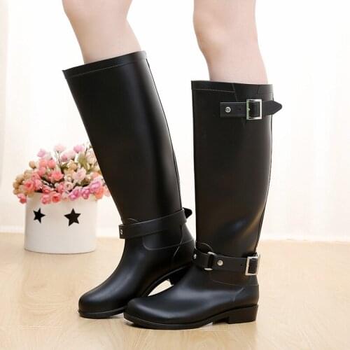 Women Tall Rain Boots Waterproof PVC Work Knee High Rain Boots Flat Anti-slip Rubber Rainy Day Shoes Woman Pop