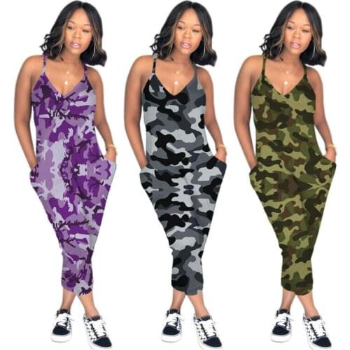 Women Summer Camouflage Print Jumpsuit Spaghetti Strap V Neck Casual Long Romper