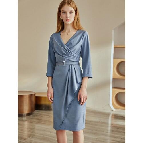 Elegant blue dress womens 2021 early autumn new temperament lace up stitched pleated medium skirt