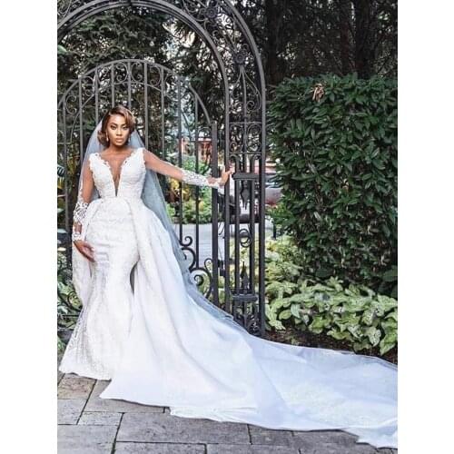Removable Overskirt 2 Pieces Wedding Dress Detachable Train Deep V Neck Illusion Long Sleeve Lace Mermaid Bridal Gowns Custom