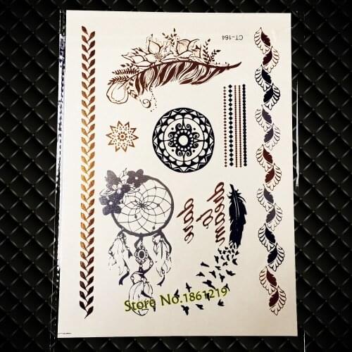 25 Style Beautiful Gold Silver Metallic Tattoo Dreamcather Feather Body Art Henna Waterproof Fake Flash Temporary Tattoo Sticker