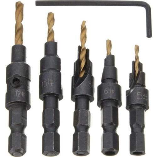 5pcs Countersink Drill Bit Woodworking 6.35mm Quick Change Hex Shank HSS Drill Bit Set Hole Saw Wood Tools #5/#6/#8/#10/#12