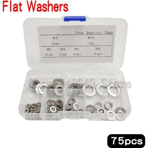 75pcs M3 M4 M5 M6 M8 M10 Stainless Steel Plain Washer Kit Screw Fastener Hardware Assortment Accessories Flat Washers Ring