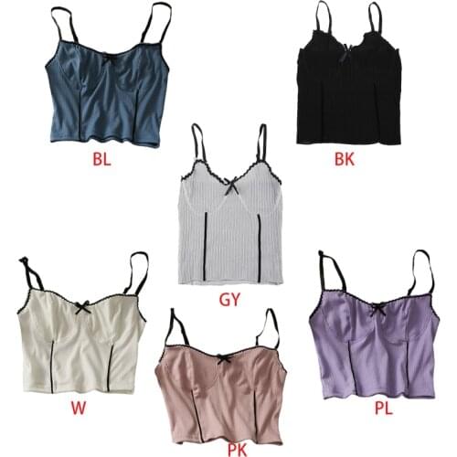 Women Sweet Bowknot Striped Slim Camisole Sexy Deep V-Neck Spaghetti Strap Crop Top Ribbed Basic Sling Vest Underwear