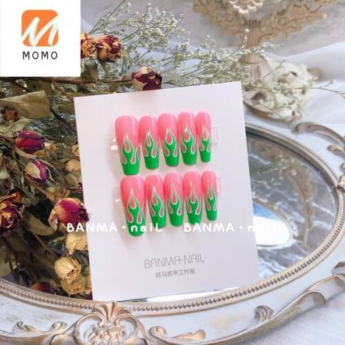 European and American Style Hand-Painted Fluorescent Flame New Handmade Custom Removable Finished Manicure Fake Nails