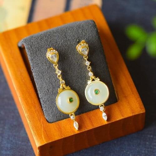 Natural Hetian jade ring long earrings Chinese antique palace style noble luxury womens Wedding Silver Jewelry