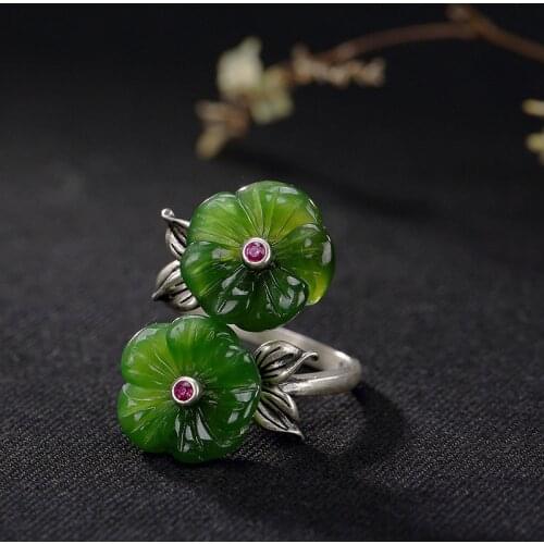 Real Gemstone 925 Sterling Silver Vintage Jade Flower Opening Rings for Women Original Handmade Adjustable Rings Set