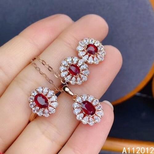 KJJEAXCMY fine jewelry natural ruby 925 sterling silver trendy girl gemstone pendant necklace earrings ring set support test
