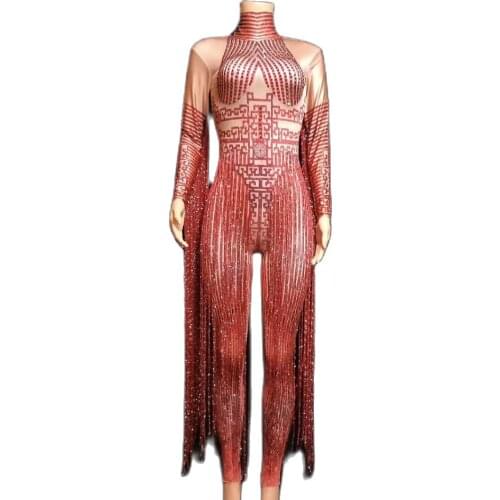 Red Rhinestone Tassel Jumpsuits Women Nightclub Bar Bodysuit Dancer Singer Stage Catwalk Costume Sexy Skinny Tassel Jumpsuits