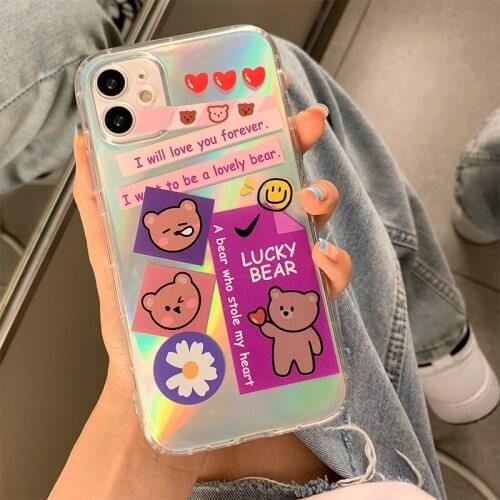 Fashion Laser Shining Luxury Smile Bear Label Art Phone Case for IPhone 11 12 Pro XS Max XR X 7 8 Plus SE Cover Soft Silicone