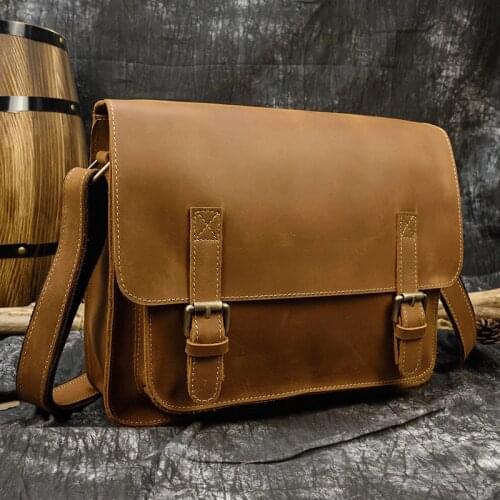 Mens Crazy horse leather shoulder bag Brown Real leather messenger bag for 13.3 inch PC Vintage A4 crossbody bag magnetic flap