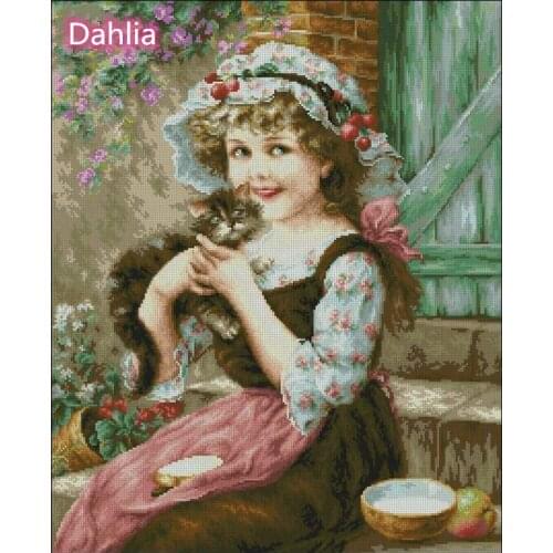 Best of Friends Girl Hugging Cat Art Cross Stitch Kit Crafts Top Quality Embroidery Needlework DIY 14CT Unprinted Decor Handmade