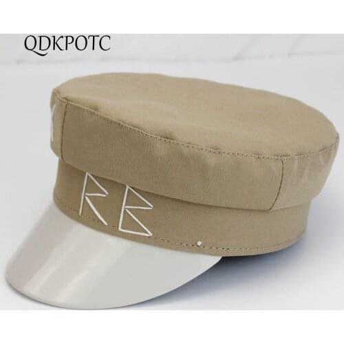 QDKPOTC 2020 Autumn Winter New Cotton PU Leather Military Hats Letter Embroidery Flat Top Navy Cap Fashion Outdoor Casual Berets