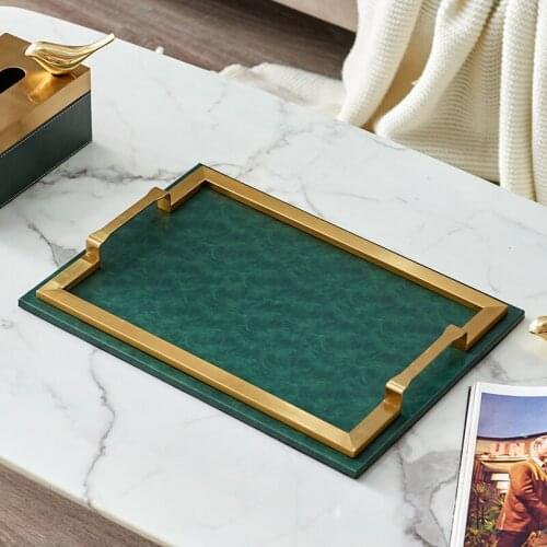 New American Accents Luxury Rectangle Green Orange Leather Tray Set With Simple Flat Gold Plating Stainless Steel Framed Handles