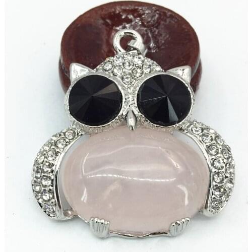 Wholesale price pink crystal stone chalcedony owl shape pendant women 33*35mm silver-color exquisite jewelry accessories B3067