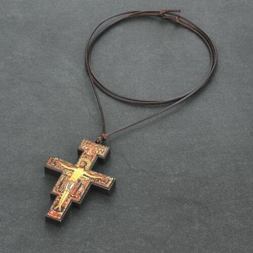 Wood San Damiano Crucifix Pendant Necklace Religious Cross Necklaces Women Mens Orthodox Church Jewelry Rope Chain kolye CN96