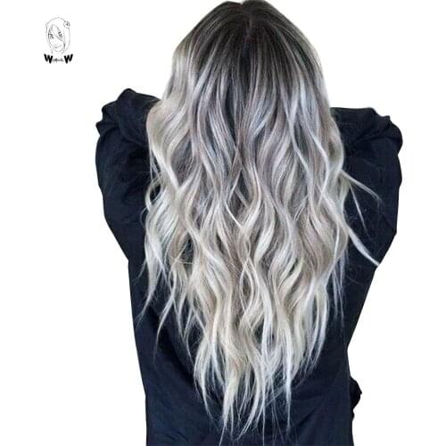 WHIMSICAL W Long Wavy Ombre Black Gray Mixed Blonde Wigs Natural Middle Part Heat Resistant Hair Synthetic Wig for Women