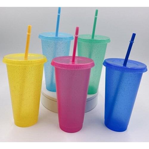 Portable Reusable PP Straw Cup Water Bottle Cup with straw Sequined Glitter Drinking Cup Juice tumbler Cup Straw Mug Drinkware