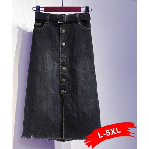 Plus Size Button Up Straight Pencil Cotton Jeans Skirts 5XL Summer Vintage Front Split Sashes High Waist Midi Long Black Skirt