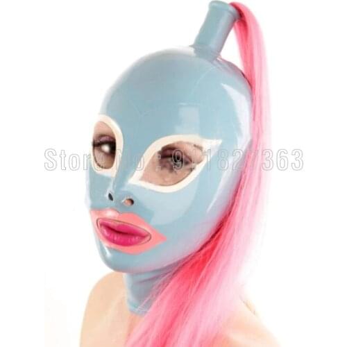 Sexy Latex Hood Customized Size Mask with Hair tube w Back zipper Fetish Sky Blue Hood (not including hairpiece)