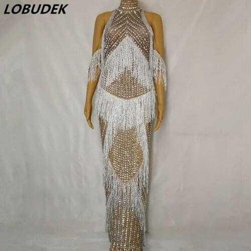 Sexy Skinny Off-shoulder Glisten Rhinestones Tassels Dress Women Singer Evening Party Stage Long Dresses Prom Birthday Dress