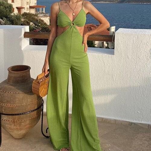 YiYiMiYu Sexy Cut Out Green Jumpsuits Women Rompers Fashion Club One Piece Outfits Summer Straps Overalls Clothes