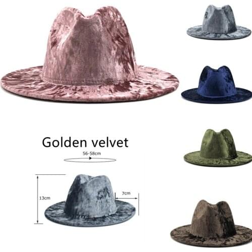 Pure color gold velvet velvet fedora hat with big brim jazz top hat ladies fashion casual big brim jazz hat church hat