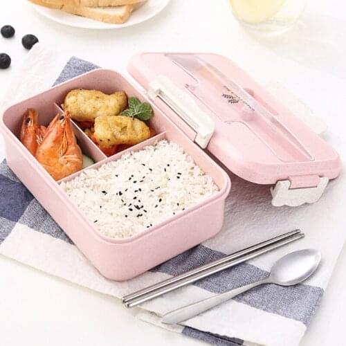 Student Lunch Box Microwave Heating Lunch Box Tableware Three Compartment Insulated Lunch Box Plastic Square Fast Food Box