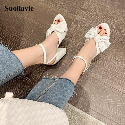 Suollavie Summer New Butterfly-Knot Women Sandals White Square Heel Buckle Ladies Stretch Fabric Office Shoes