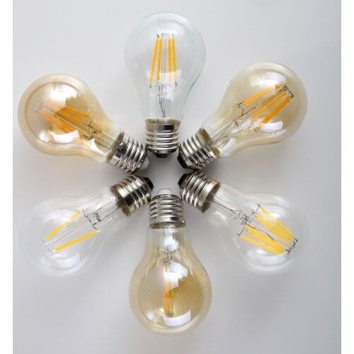 A60 Antique LED E27 Bulb Retro Lamps110V 220V 2W 4W 6W LED Filament Light E26 Clear/ Amber Glass Ball Bombillas LED Edison Bulbs