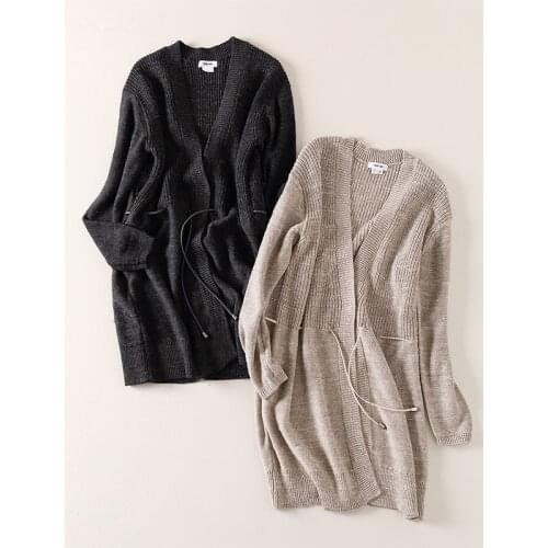 Cotton linen blend knit women fashion long cardigan sweater coat sashes single button M/L