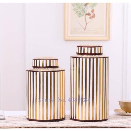 Creativity Ceramics Vase with Cover Golden Stripe Modern Storage Jar Modern Home Desktop Flower Arrangement Vases Decoration