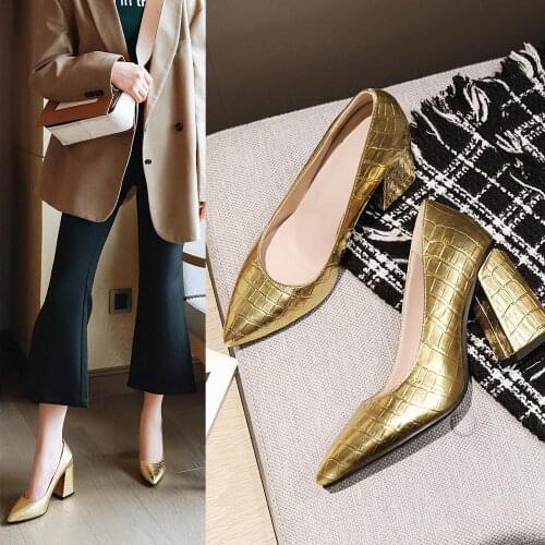 Women High Quality Shoes Fashion Patent Leather Pumps Square High Heels Slip On Pointed Toe Spring Autumn Dress Party Shoes