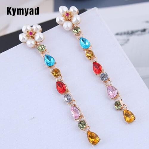 Kymyad Brincos Long Earrings For Women Imitation Pearl Jewelry Earrings 2019 Colorful Resin Stone Earings Fashion Jewelry New