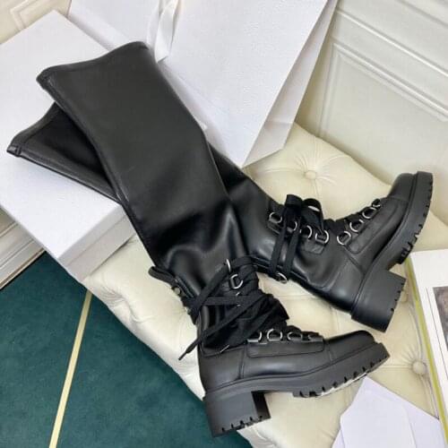 2021 Winter New Knee High Black Boots For Women Lace-up Punk Soft Leather Long Boots Non Slip High Heel Platform Ladies Shoes