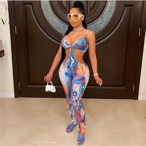 VAZN 2021 New Bandage Bodycon Sexy Bikini Bar Print Women Sleeveless Party Beach Jumpsuits Full Pant Bandage Rompers