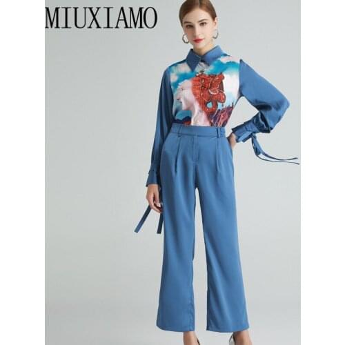 MIUXIMAO 2021 Spring Summer Long Sleeve Beauty PrintFashion Shirt and Long Pants Dark Blue Set Two-Piece Set Women Vestidos