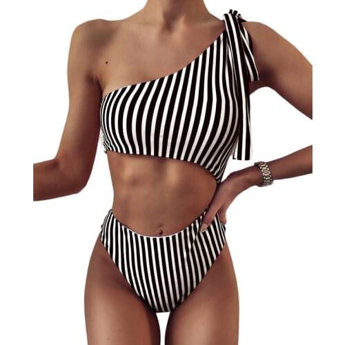 Womens Striped Swimsuit Stylish Sexy One-Shoulder Beach Bikini Swimwear Bathing Suit with Chest Pad