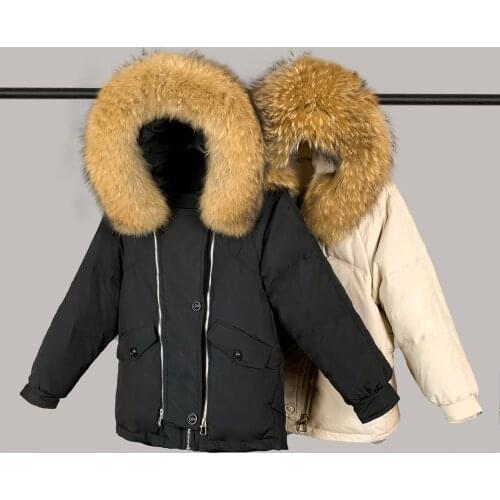 2021 Winter Jacket 90% White Duck Down Coat Huge Real Raccoon Fur Hooded Women Female Parkas Loose Feather Overcoat Zipper