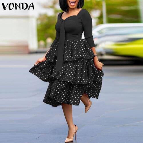 Women Elegant Office Dress 2021 VONDA Vintage Long Sleeve Polka Dot Print Layered Party Long Dresses Holiday Vestidos