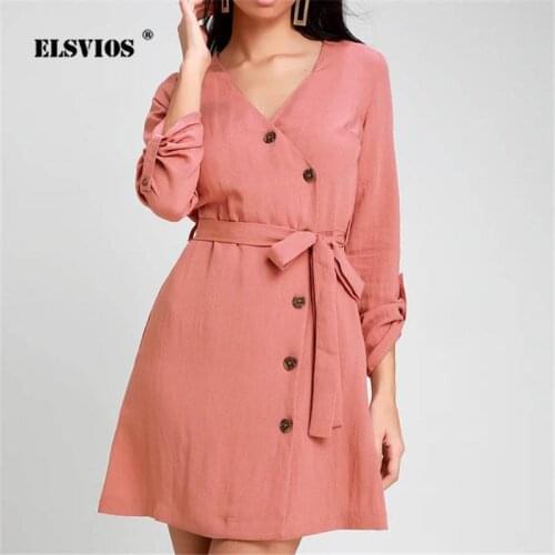ELSVIOS 2019 Spring Button Solid Chiffon dress V-neck Long Sleeve Mini Summer Party Dress Elegant Sashes A-Line Beach Dresses