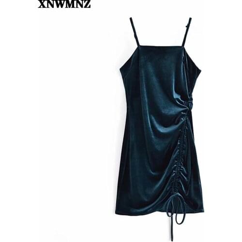 Women 2021 Fashion Sexy Party Velvet Mini Dress Vintage Backless Zipper Thin Straps Female dress Side Pleat Tied Summer Dresses