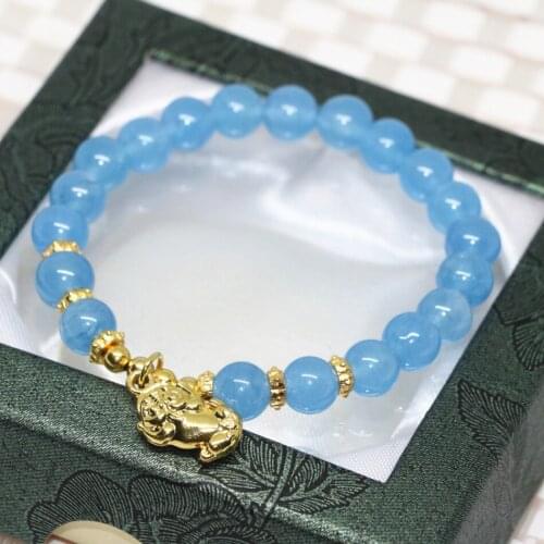 8mm blue stone jades chalcedony strand bracelet round beads charms elegant women diy hot sale bangle jewelry 7.5inch B2037