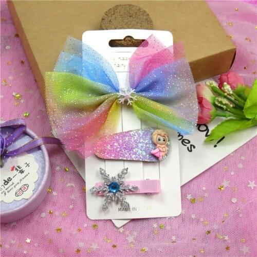 9PCS/3Cards Rainbow Elegant Baby Girls Clips Leather Bow Child Tie Knot Creativity Handmade Hairpins Hair Accessories For Kids