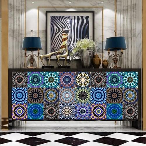 Colorful Mandala Pattern Strip Tile Sticker Waistline Kitchen Stairs Decor Surface Gloss Film Wallpaper Peel & Stick Wall Decals