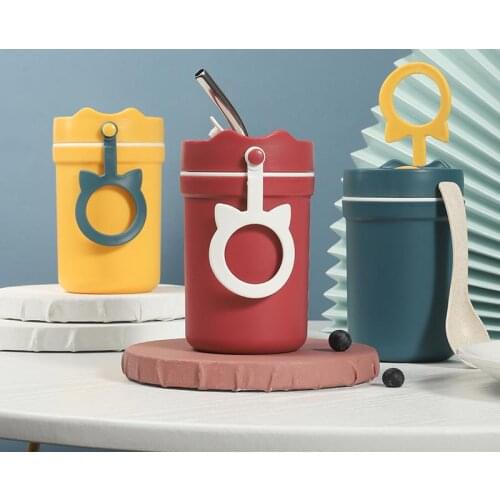 Childrens Cat Soup Cup Plastic Water Bottle Sealed Leak Proof Heat Insulation Portable Porridge Breakfast Box Cup Wholesale