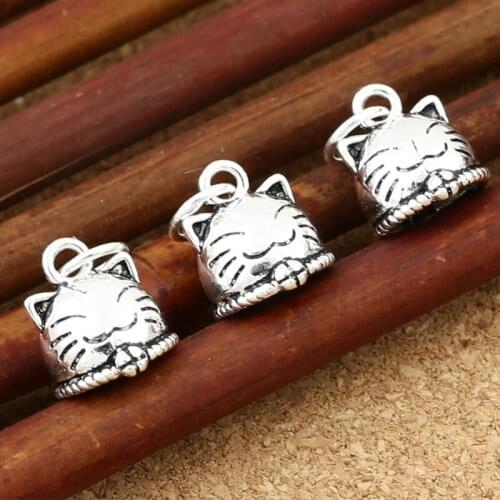 Wholesale Batch S925 Sterling DIY Thai Silver Exotic Accessories 10mm Lucky Cat Head Printed Blessing Bell Pendant
