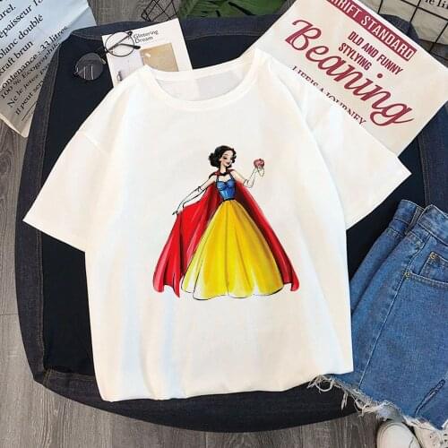 Women Graphic Tees Summer Short Sleeve Casual White O-neck Tshirts White Snow Print Disney Princess Print Women Clothes Tee Tops